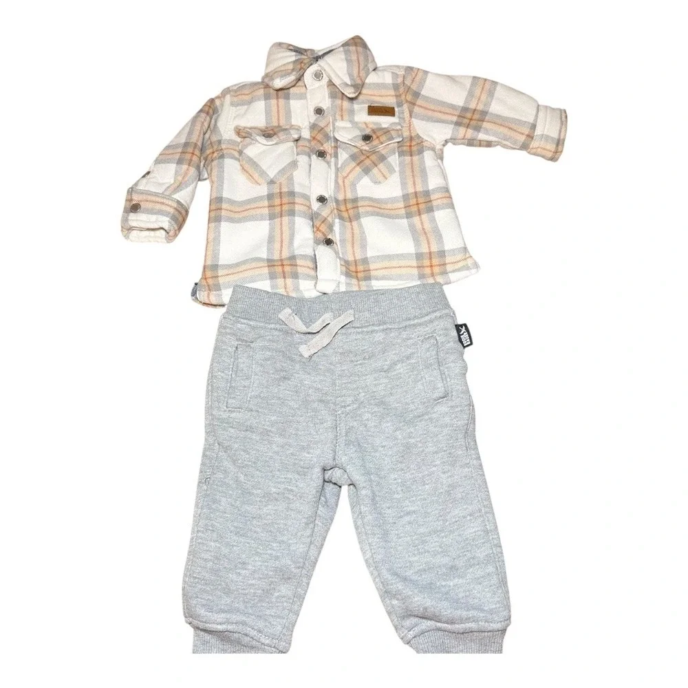 Lumberjack Cabin Core Eddie Bauer Plaid Shacket Joggers Set 0-3M Grey Tan Fleece